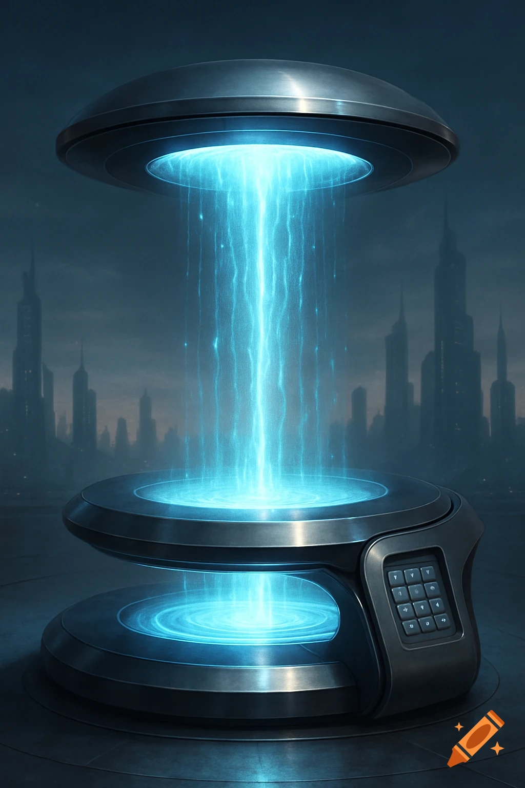 A metallic futuristic machine with two round parts and a central glowing blue energy beam, set against a dark cityscape.