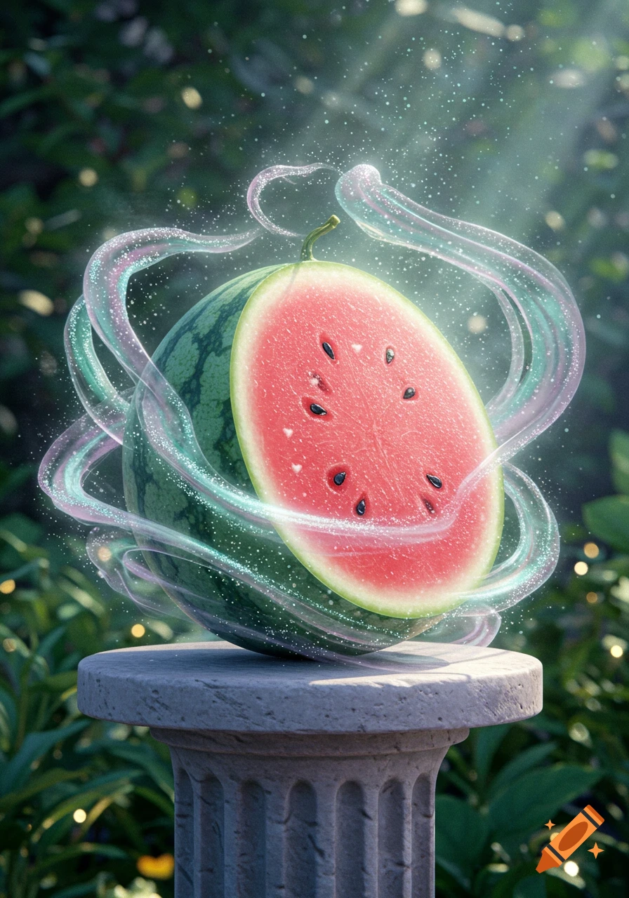 Sliced watermelon encircled by glowing magical mist on a stone pedestal in a lush garden, photorealistic style.