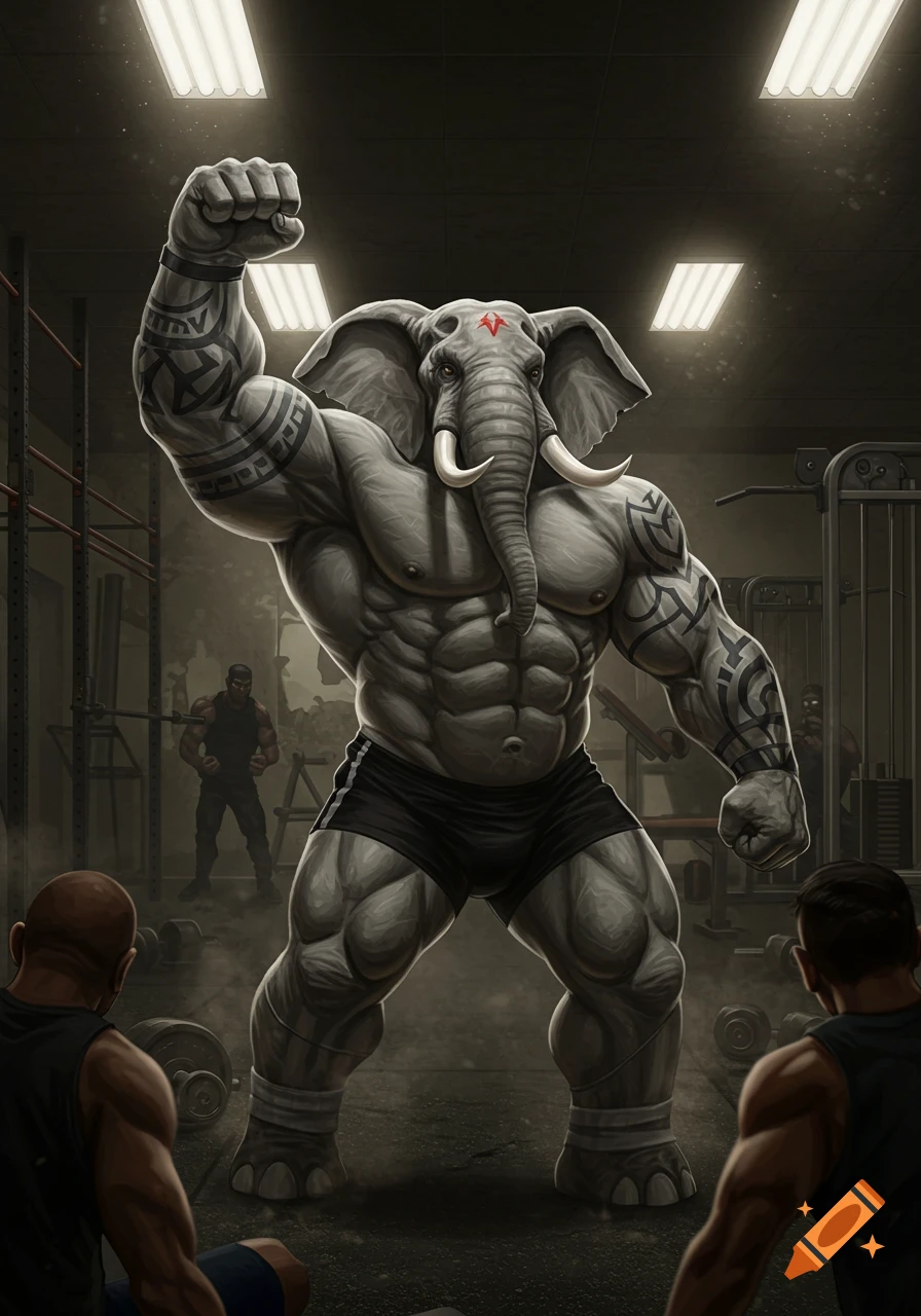Muscular anthropomorphic elephant with tribal tattoos flexing in a gym, with two human onlookers.