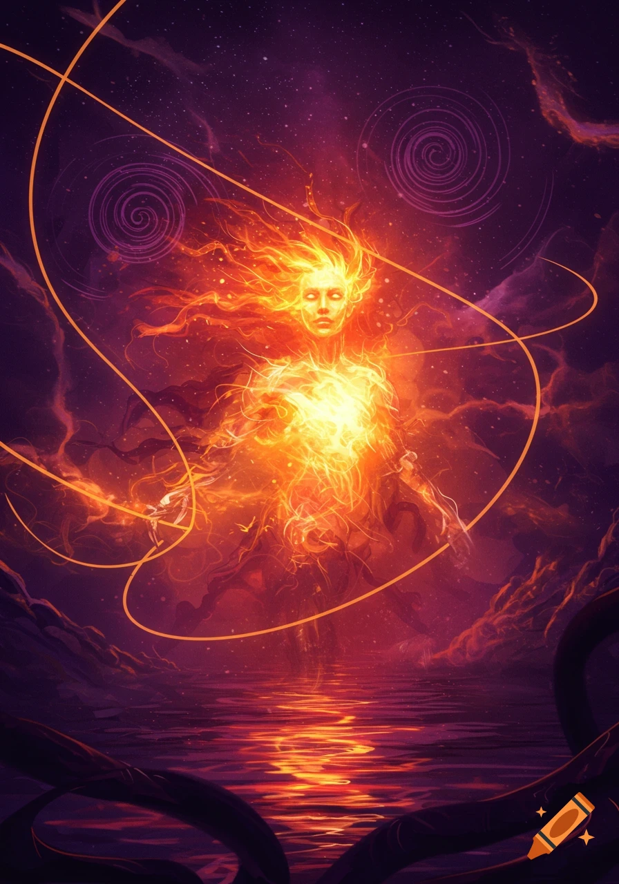 A glowing, ethereal fiery woman with luminous eyes stands in reflective water under a cosmic sky in a digital painting.