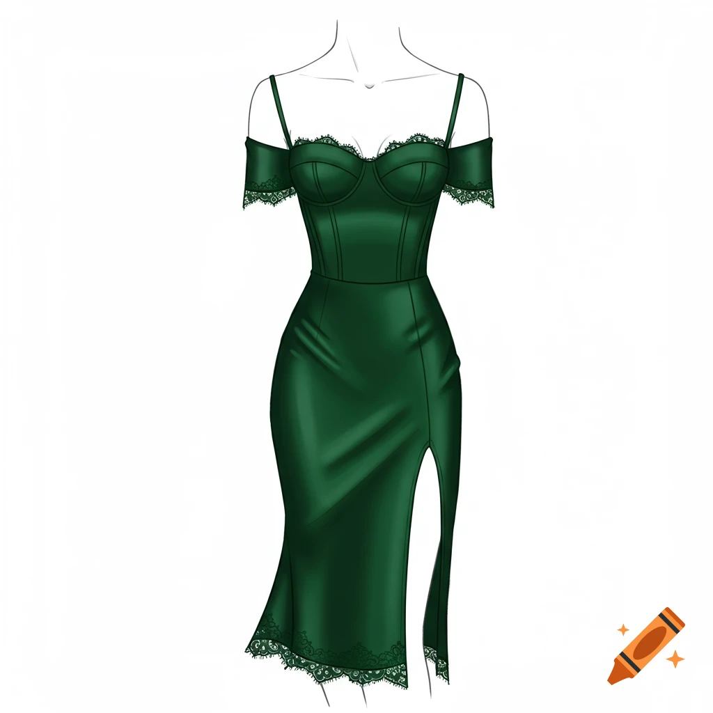 Fashion illustration of an emerald green satin off-the-shoulder midi dress with a corset bodice, lace trim, and a thigh slit.