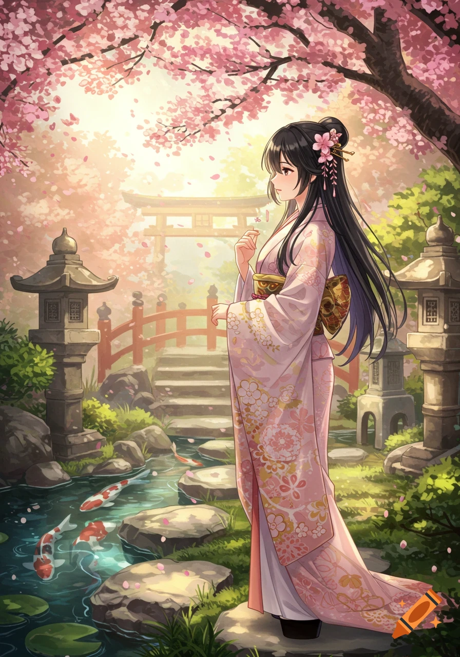 Anime girl in a pink kimono standing in a beautiful Japanese garden with cherry blossoms, a koi pond, and a torii gate.