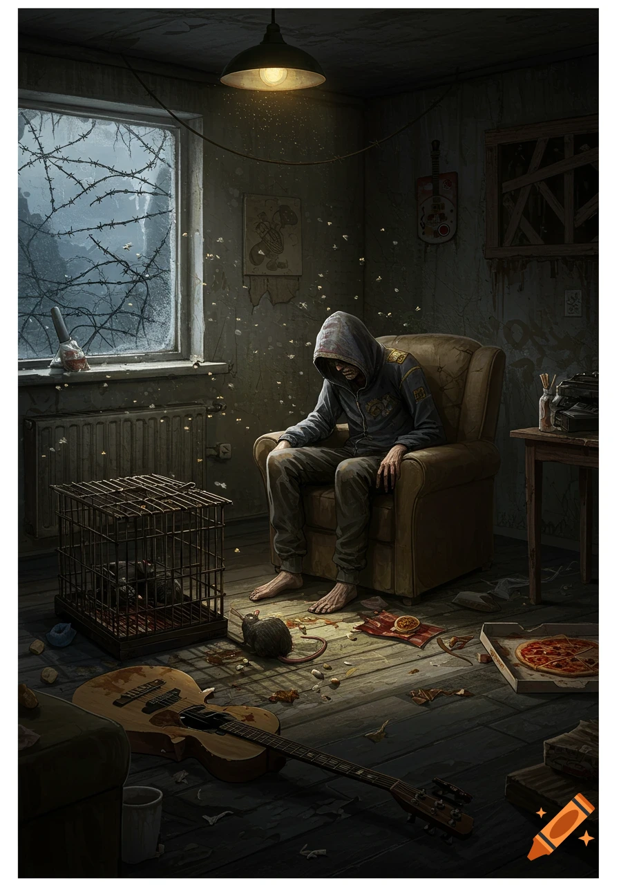 A gaunt person in a hoodie sits in a dark, broken room with rats, a cage, a broken guitar, and a pizza box. Barbed wire outside.