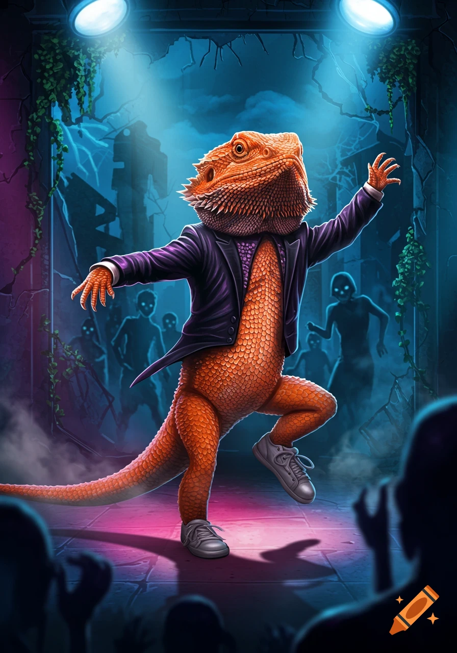 A vibrantly colored bearded dragon in a suit dances on a stage with dramatic lighting and shadowy zombie figures in the background.