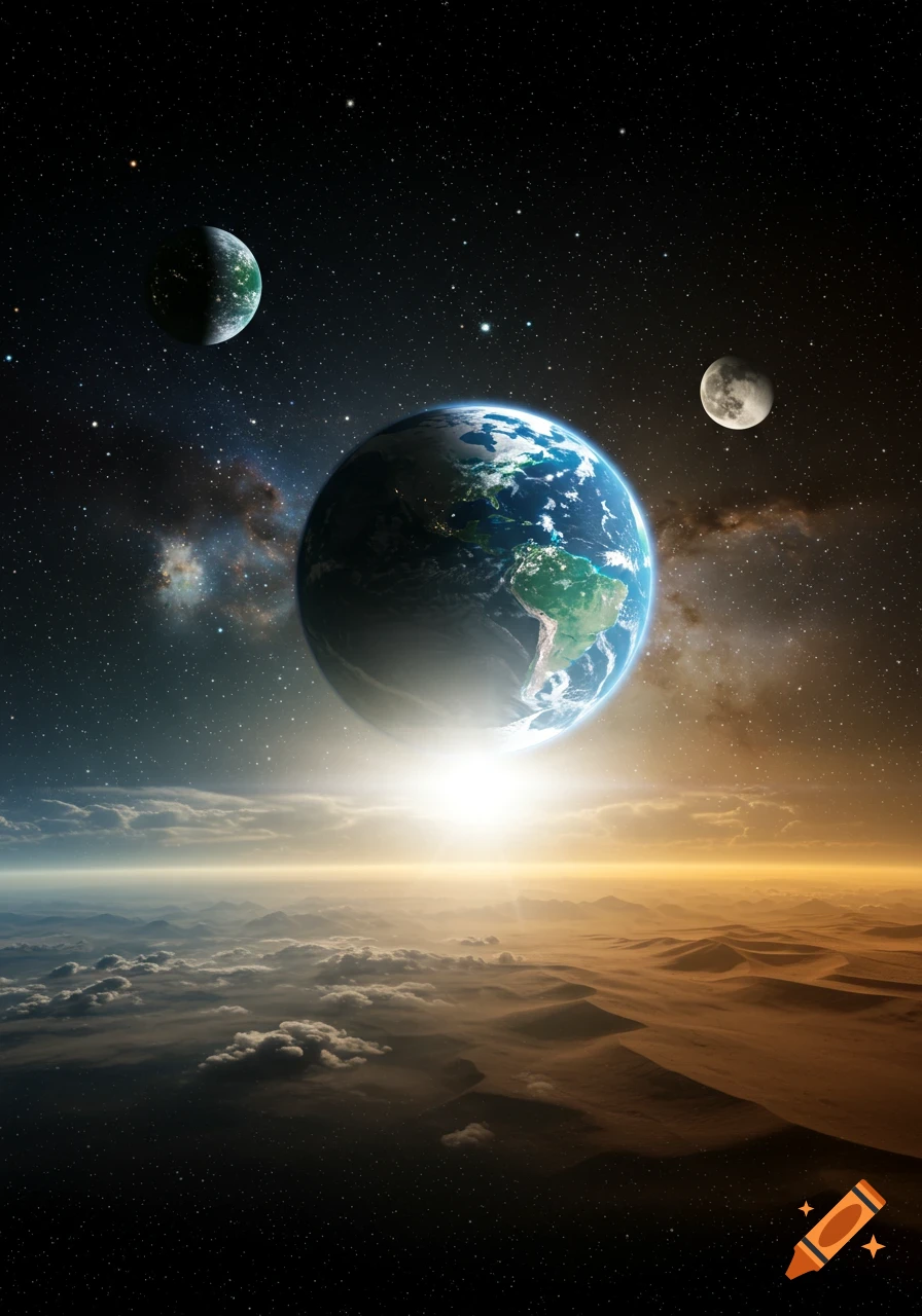 A vibrant view of Earth and other celestial bodies from space, with a bright sun rising over a layered atmosphere and desert landscape.