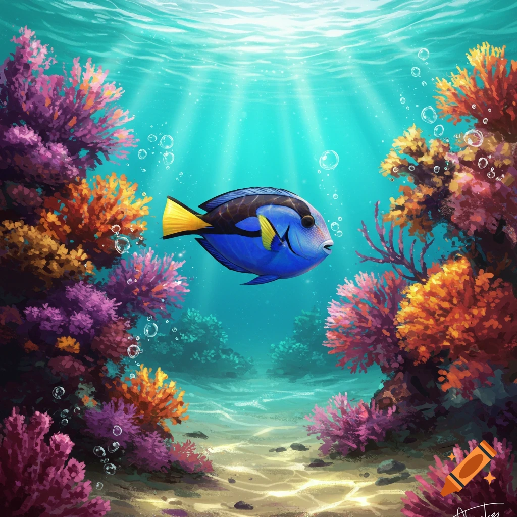 A blue surgeonfish swims through a vibrant coral reef with sunbeams shining down from the water's surface, in an illustration style.