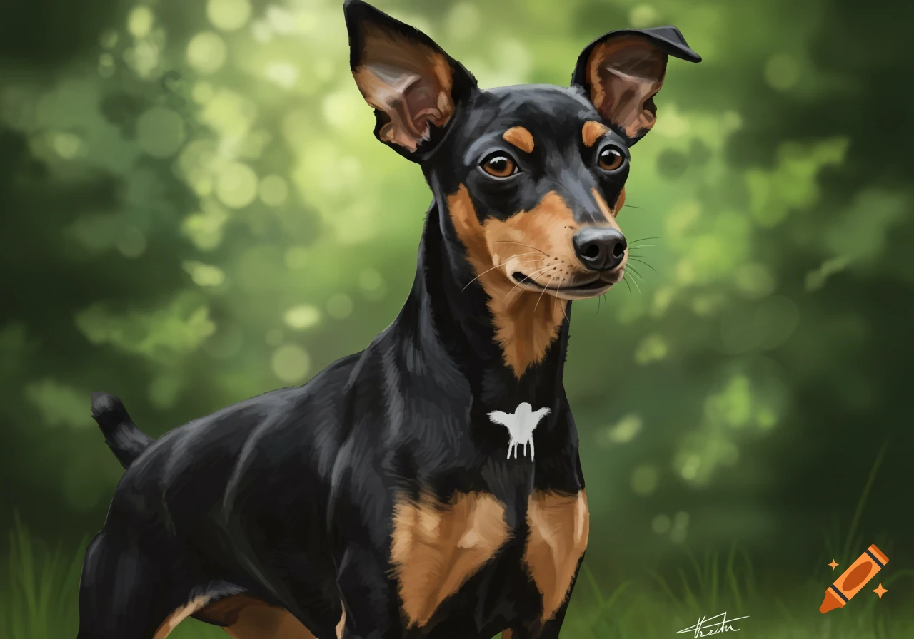 A stylized painting of a black and tan Foxy Rat Terrier dog with alert ears and a white bird-shaped chest marking, against a soft green bokeh background.