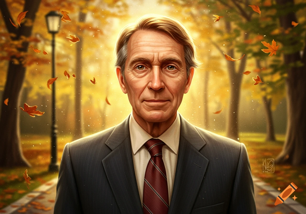 Photorealistic portrait of a man in a pinstripe suit and red tie, in a sunlit autumn park with golden trees and falling leaves.