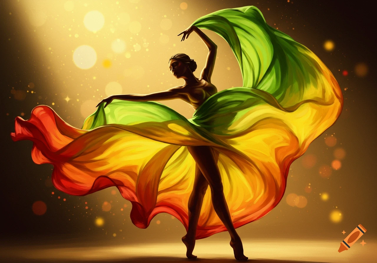 Artistic illustration of a dancer in motion, with a flowing skirt of green, yellow, and red fabric against a golden, sparkling background.