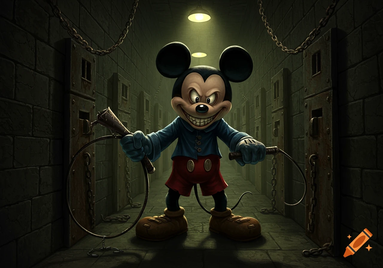 Evil Mickey Mouse with sharp teeth and whips, standing in a dark, chained prison hallway.