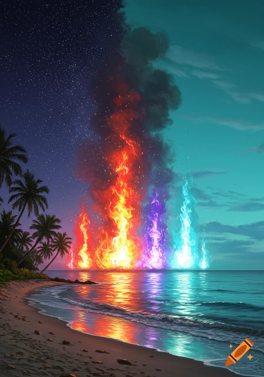 Rainbow-colored flames erupt from the ocean at a tropical beach, with palm trees under a split starry night and cyan sky, reflecting vividly in the water.