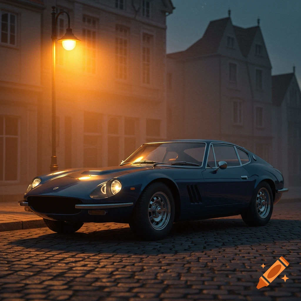 Dark blue classic sports car parked on a cobblestone street at night, illuminated by a street lamp. Photorealistic style.