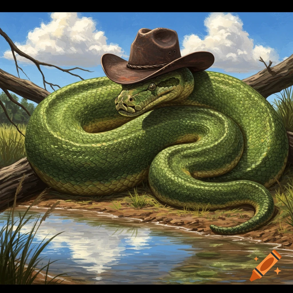 A vibrant green python, coiled up and wearing a brown cowboy hat, rests beside a reflective pond under a blue sky with clouds.