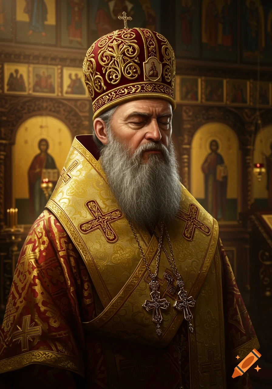 Close-up portrait of a solemn Russian Orthodox bishop with a long beard, wearing elaborate red and gold vestments and a jeweled miter, in a church setting with icons.