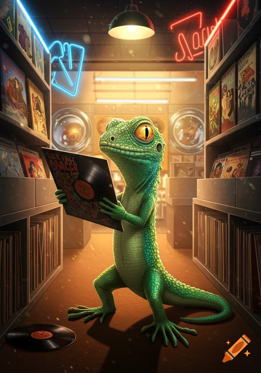 A vivid, cartoonish green lizard stands in a record shop, holding a vinyl record, with shelves of records and neon signs in the background.