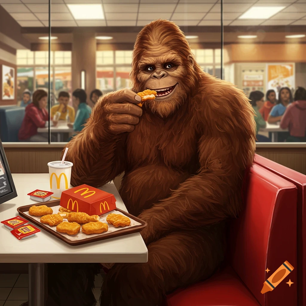 Smiling Bigfoot eats chicken nuggets at a McDonald's restaurant, with a soda and sauces on the table. Cartoon illustration.