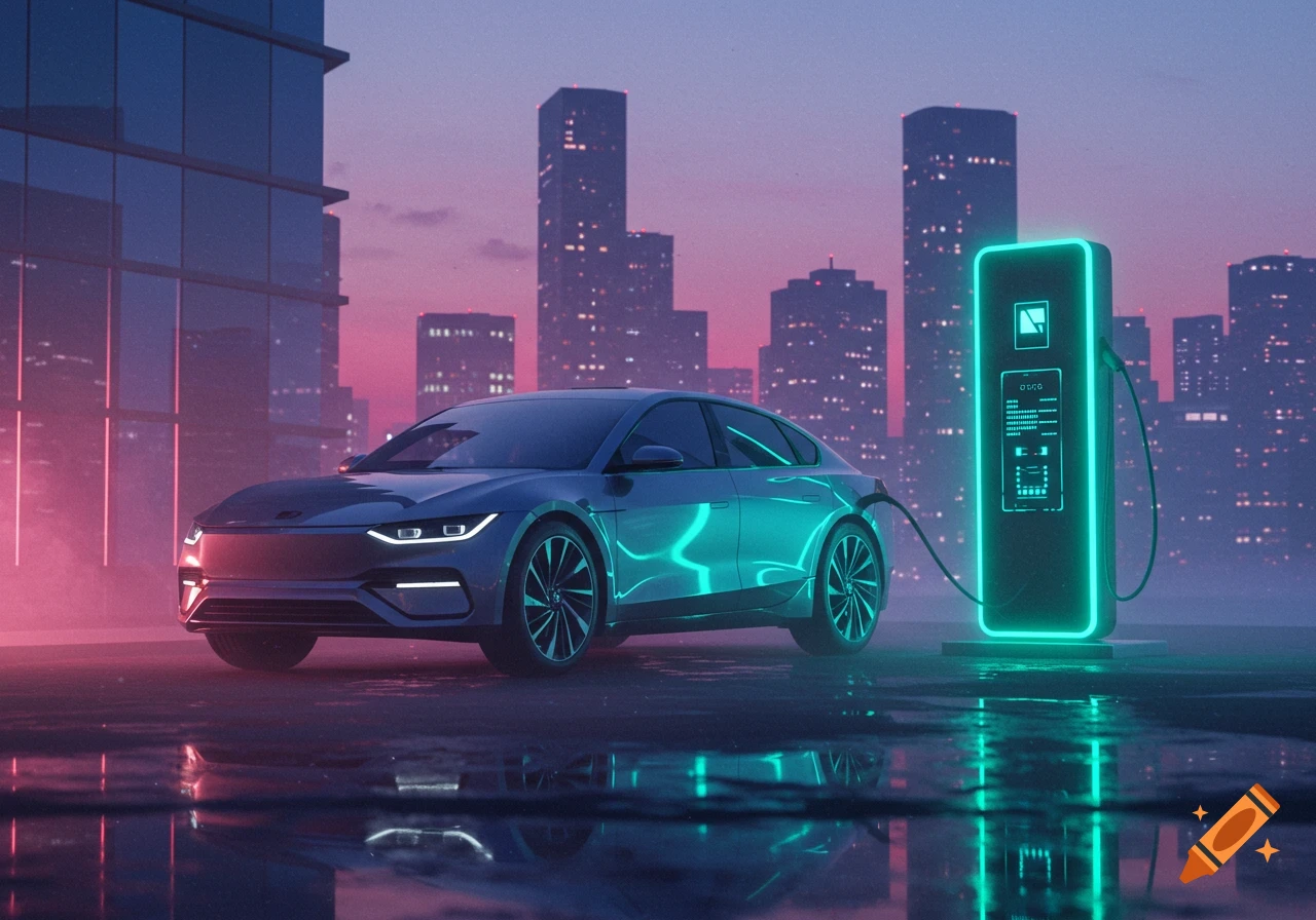 A futuristic electric car charging at a neon-lit station in a cyberpunk city at dusk, with reflections on the wet ground.