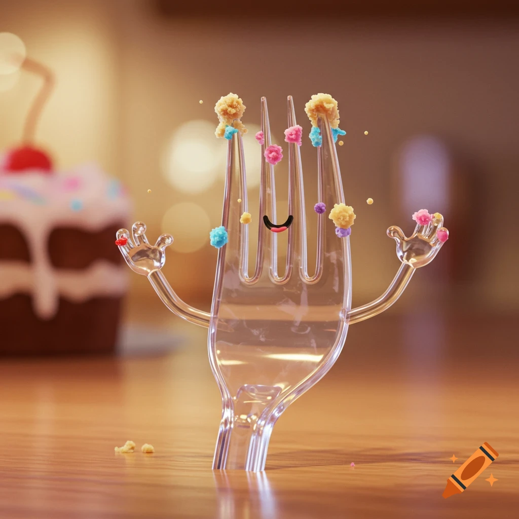 A transparent, animated plastic fork with a smiley face, arms, and colorful crumbs stands on a wooden table, a cupcake behind it.