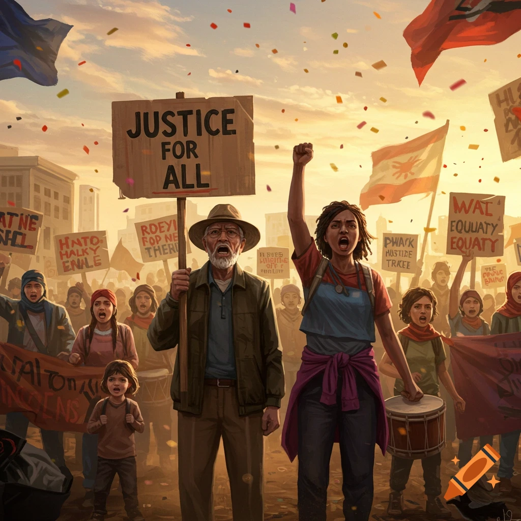 A diverse crowd of people at a protest, holding signs and banners, with confetti falling. A woman raises her fist in the foreground, next to an older man holding a sign that reads "JUSTICE FOR ALL".