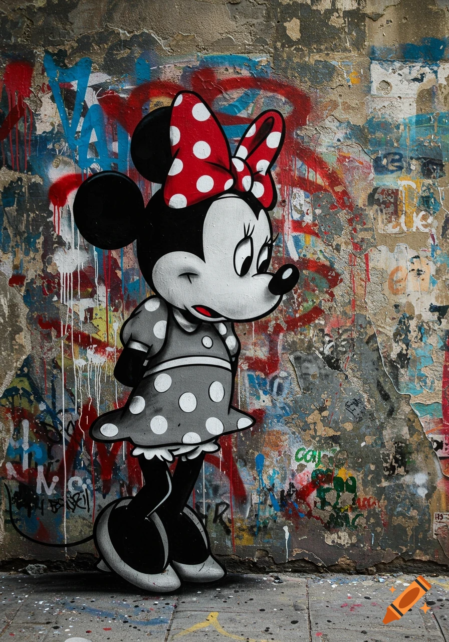 Street art of a sad Minnie Mouse in grayscale with a red polka dot bow, painted on a graffiti-covered wall.