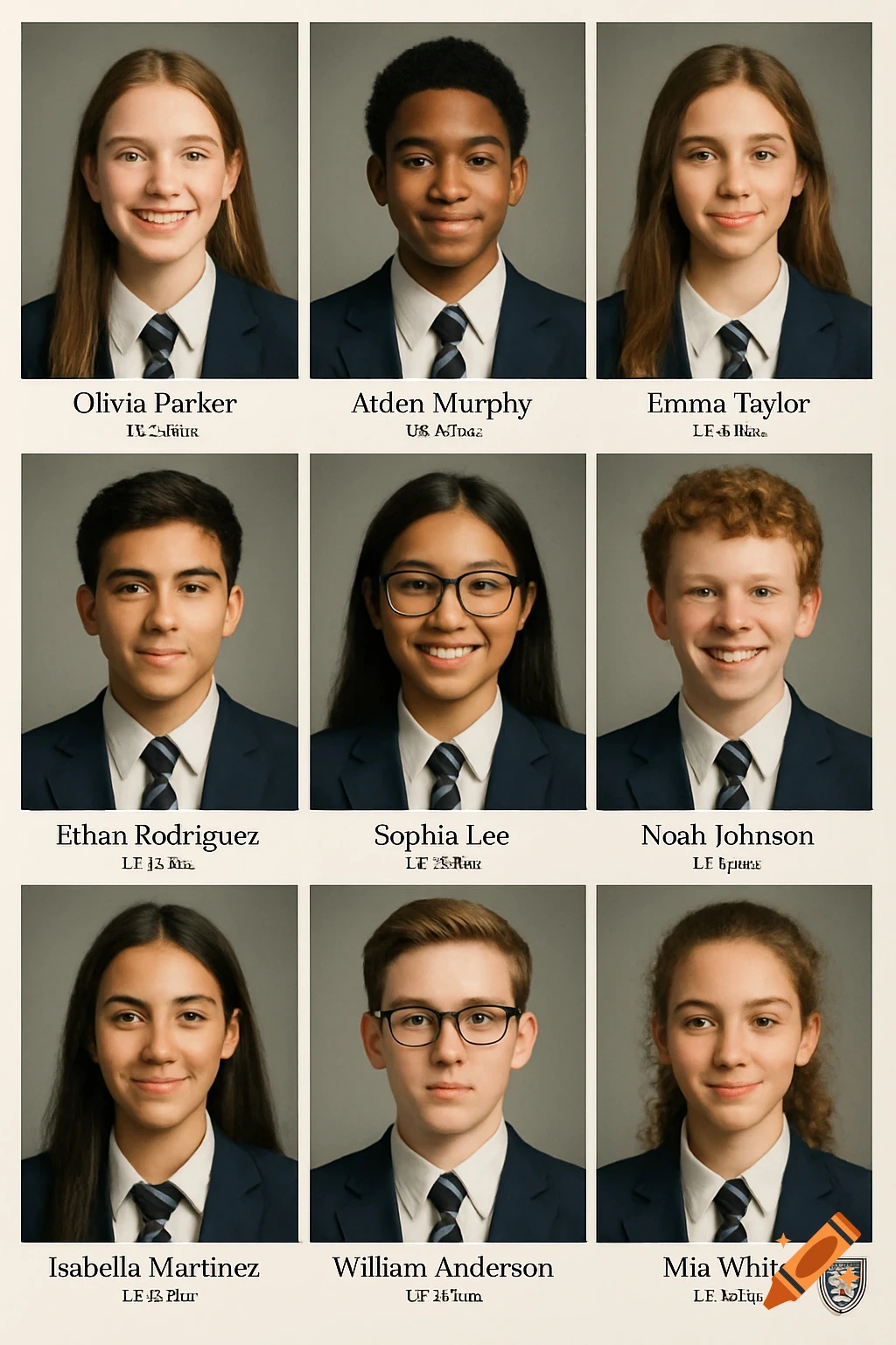 A grid of nine photorealistic portraits of smiling diverse students in school uniforms on a yearbook page.