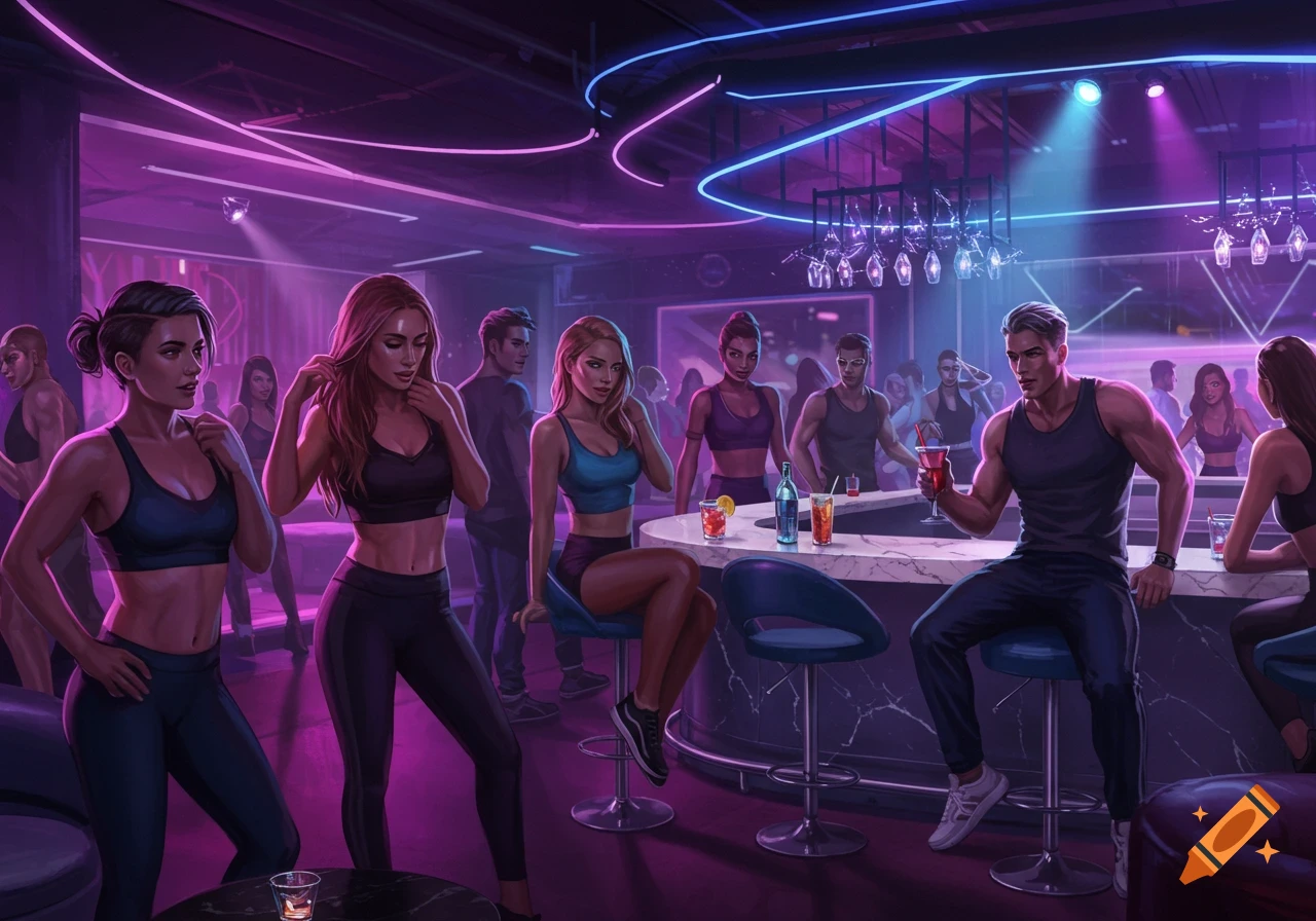 Digital art of a vibrant, neon-lit club scene with men and women in athletic wear socializing at a bar.