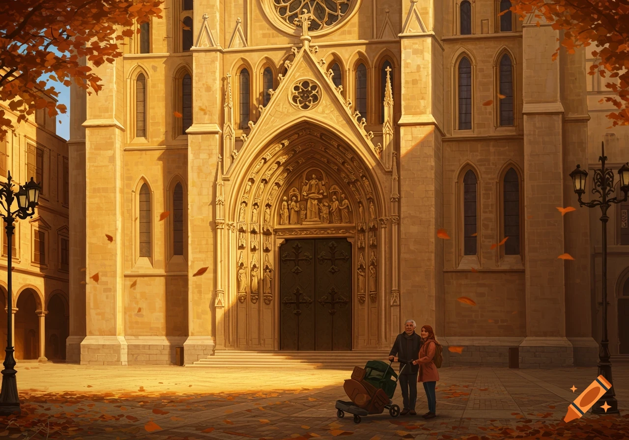 A couple with a trolley stands before a grand golden cathedral on a sunny autumn day with fallen leaves. Digital painting.