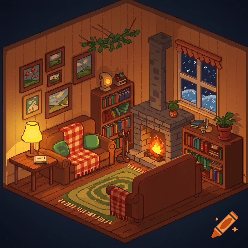 Pixel art illustration of a cozy living room with a fireplace, bookshelves, sofa, and a window looking out to a snowy night.
