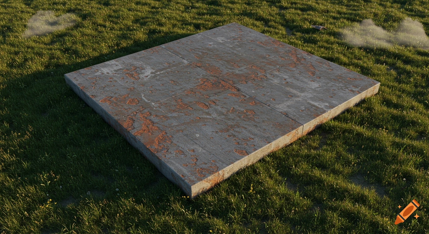 An aerial view of a square, heavily rusted concrete pad sitting in a vibrant green grassy field under sunlight.