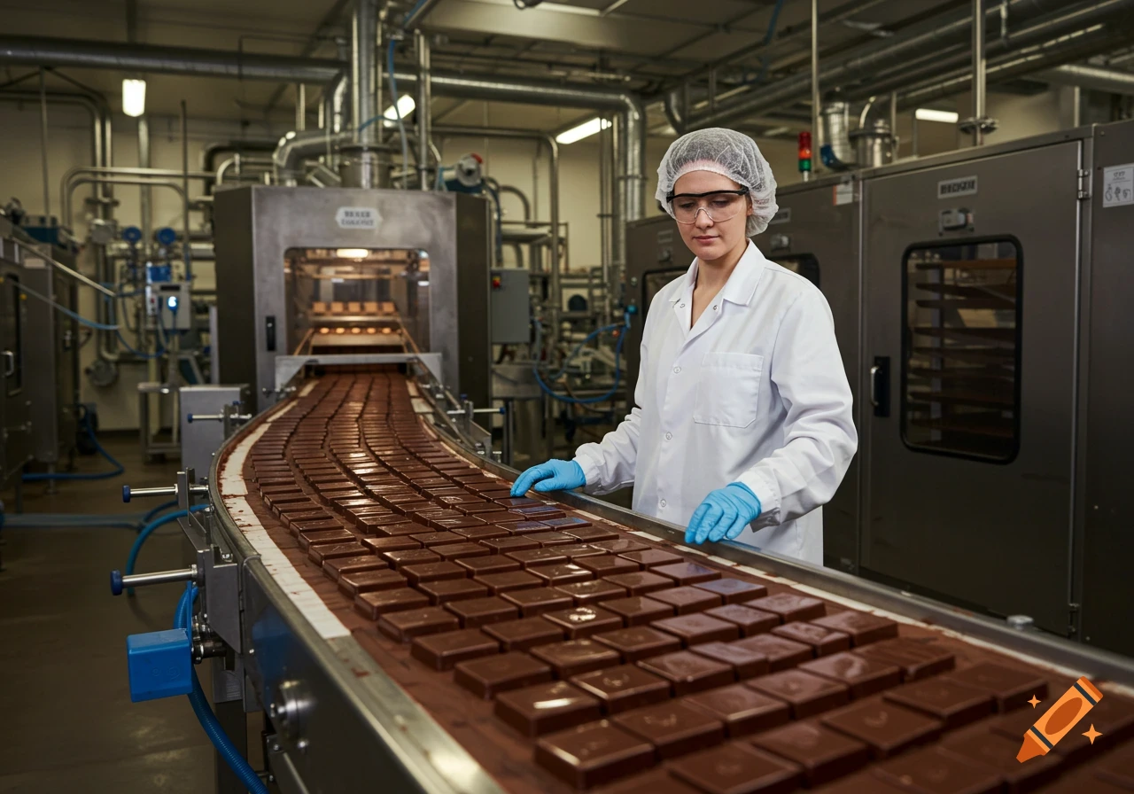 A female production operator in a lab coat and hairnet inspects chocolate bars on a conveyor belt in a modern factory.