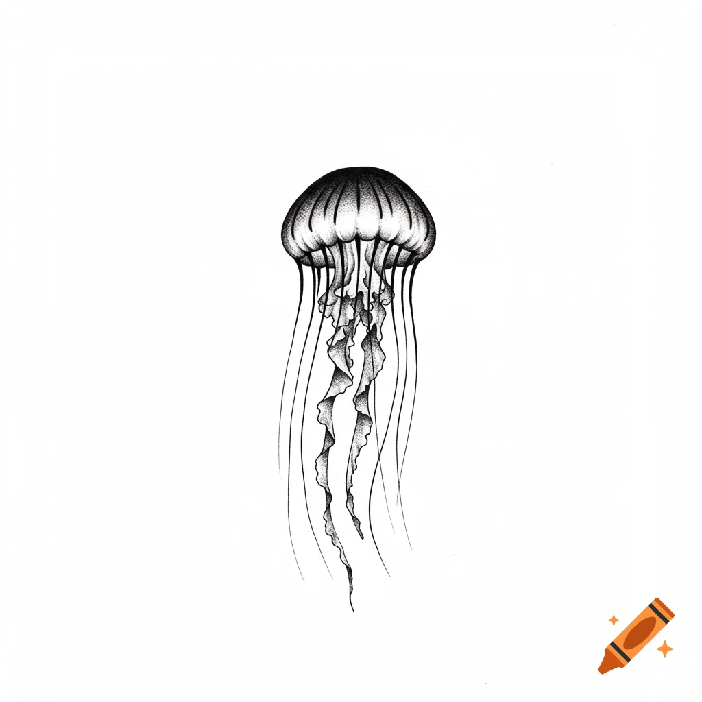 A minimalist black ink drawing of a jellyfish with a stippled dome and long, flowing tentacles on a white background.