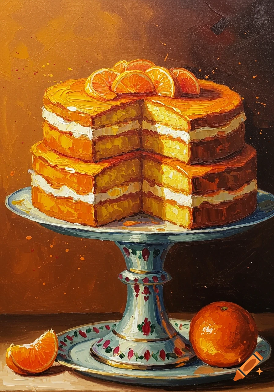 Acrylic painting of a sliced orange cake with visible brush strokes on a decorative stand, with an orange slice and whole orange.