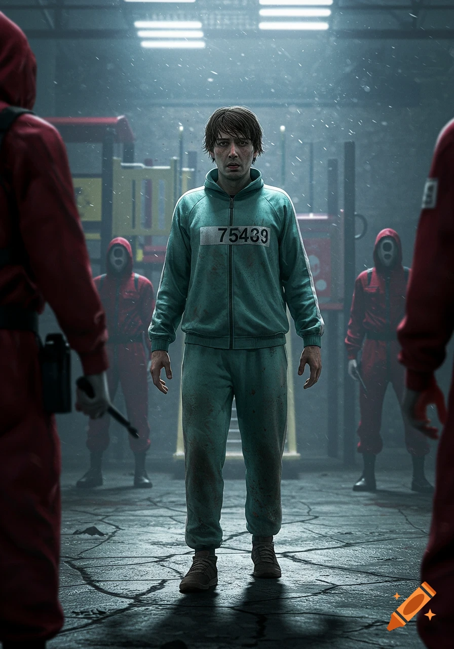 A man in a teal tracksuit with number 75439 stands fearfully in a rainy industrial setting, surrounded by masked figures in red suits.