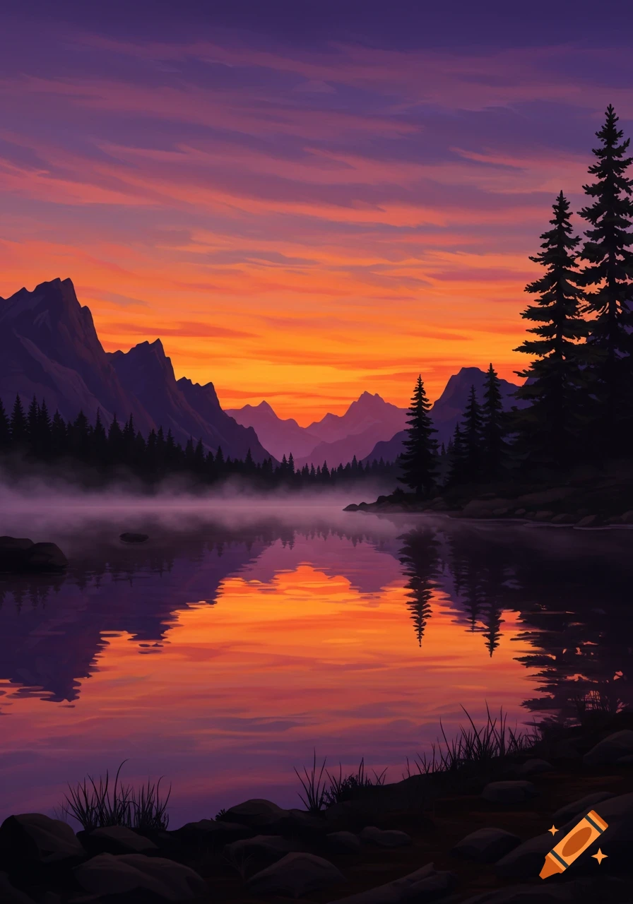 A vibrant sunset over a misty lake, with mountains and pine trees silhouetted against an orange and purple sky.