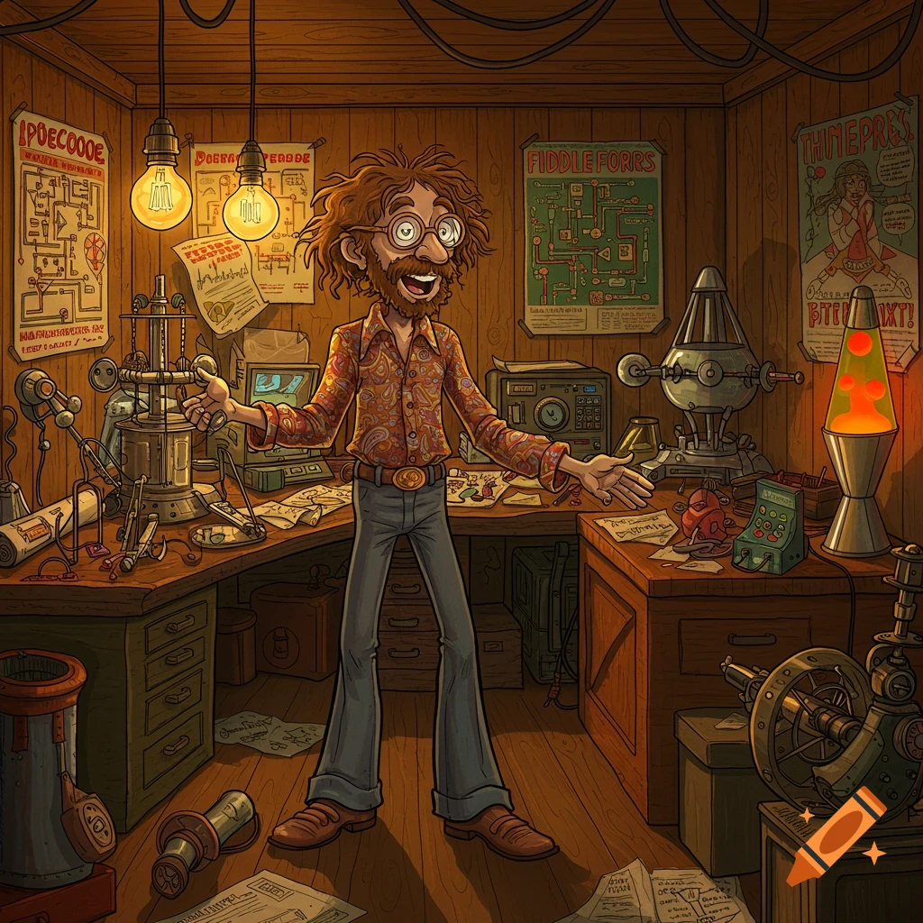 A cartoonish, scruffy man with glasses and a paisley shirt stands in a cluttered 70s-style inventor's workshop.