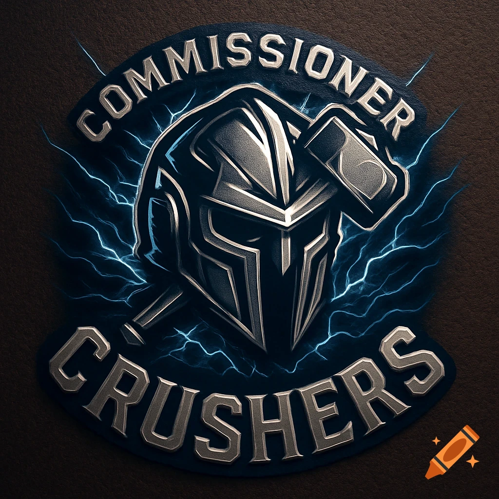 A metallic silver and black logo for 'COMMISSIONER CRUSHERS' with a warrior helmet, hammer, and blue lightning effects.