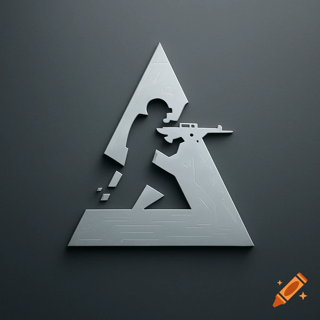 A sleek, minimalist light grey metal logo depicting a stylized soldier holding a weapon within a large triangle, on a dark grey background.