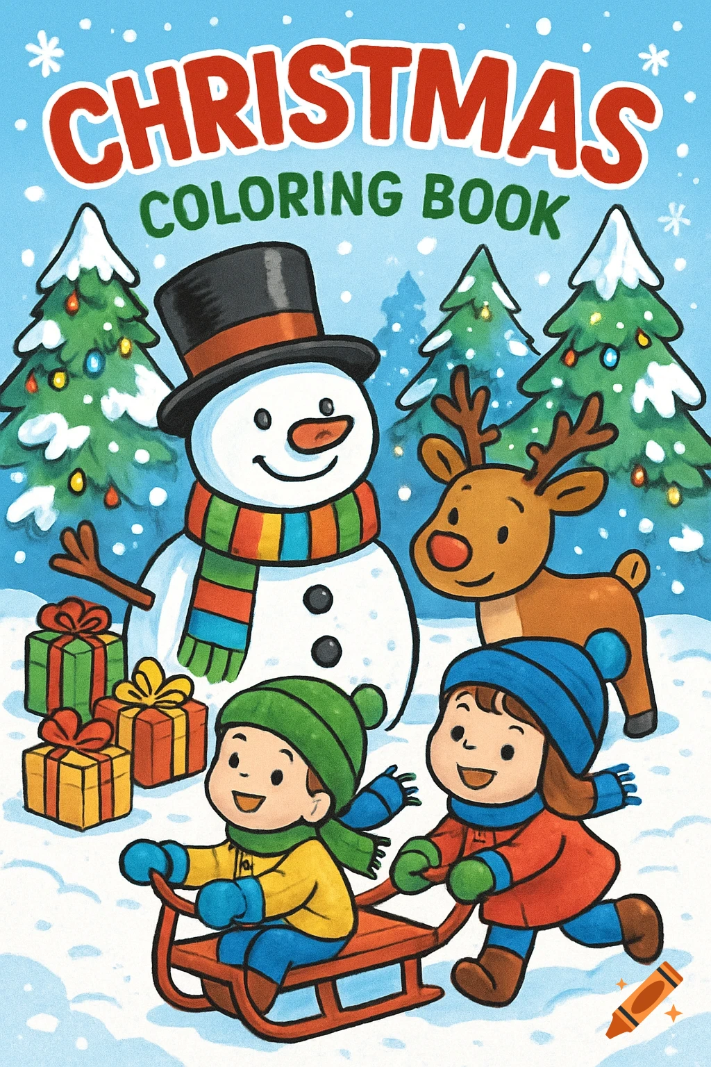 A cheerful Christmas coloring book cover illustration features a snowman, a reindeer, and two kids sledding in a snowy landscape.
