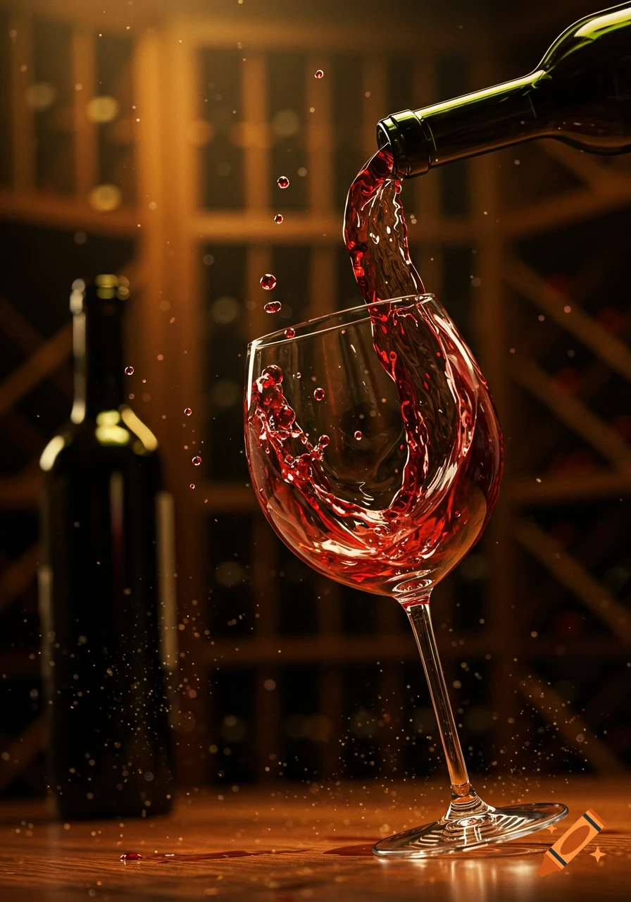 Red wine pours from a bottle into a tilted glass, splashing with drops, against a blurred wine cellar background. Photorealistic.