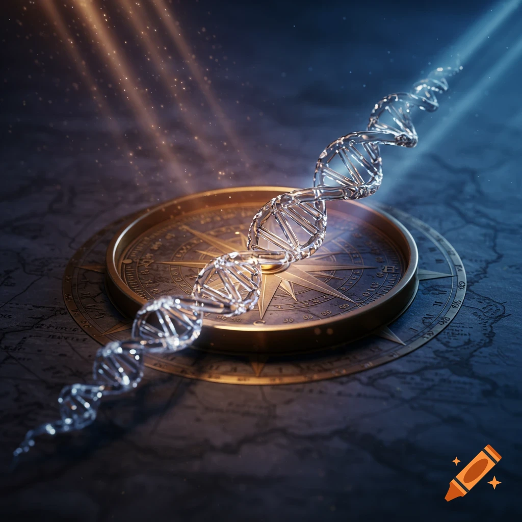 A glowing glass double helix spirals over an antique brass compass rose and a dark, weathered map, with rays of light shining from above.