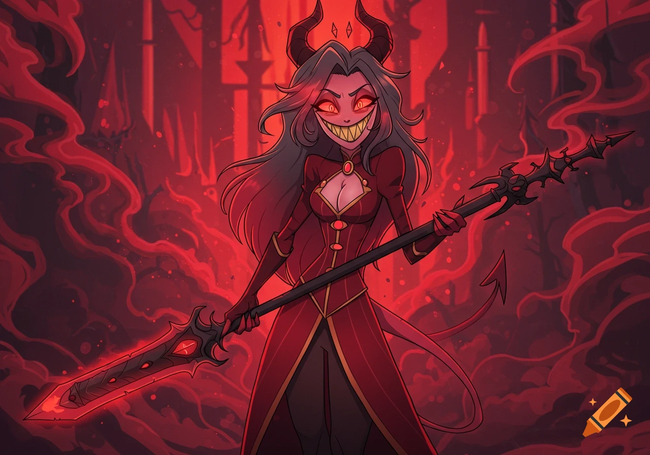 A demonic woman with horns, fangs, and red eyes, dressed in a red coat, wields a glowing spiked staff in a fiery hellscape. Hazbin Hotel style.