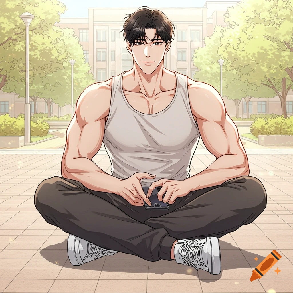 A muscular university student with dark hair sits cross-legged in a tank top and sweatpants, holding a phone, in a clean manhwa style.