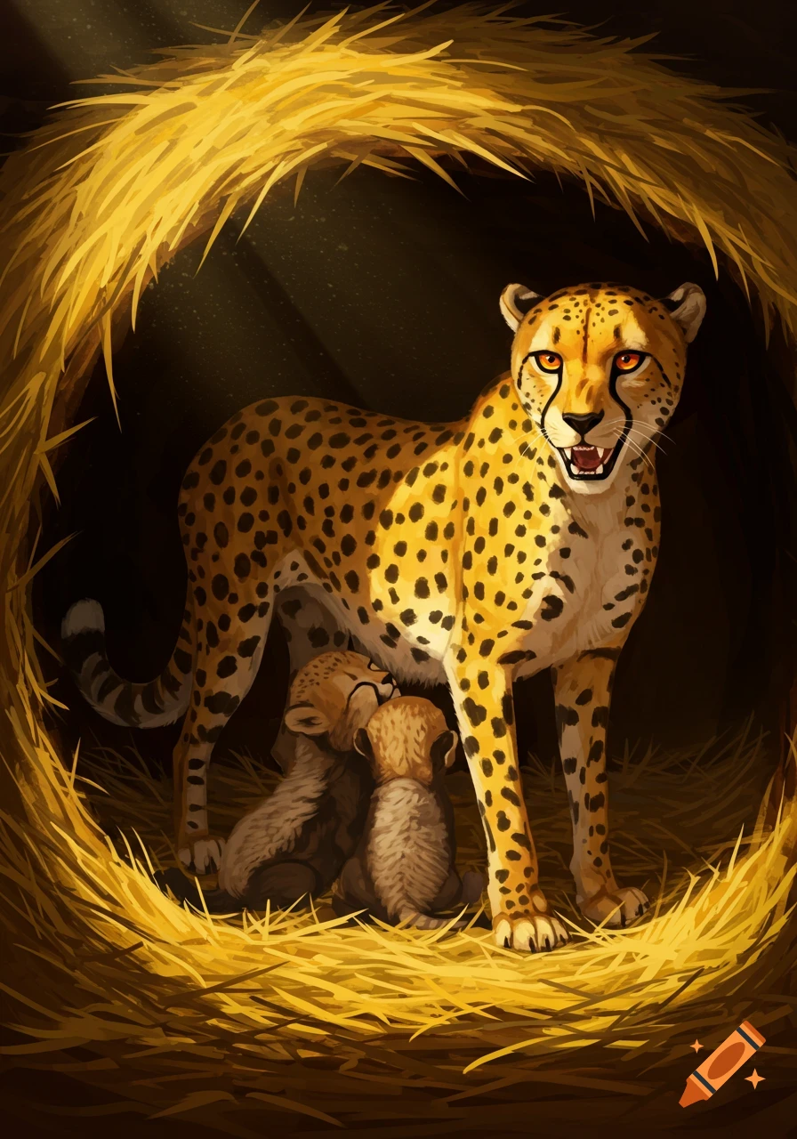 An illustration of a mother cheetah with her two cubs nestled in a golden hay-lined den, bathed in soft light.