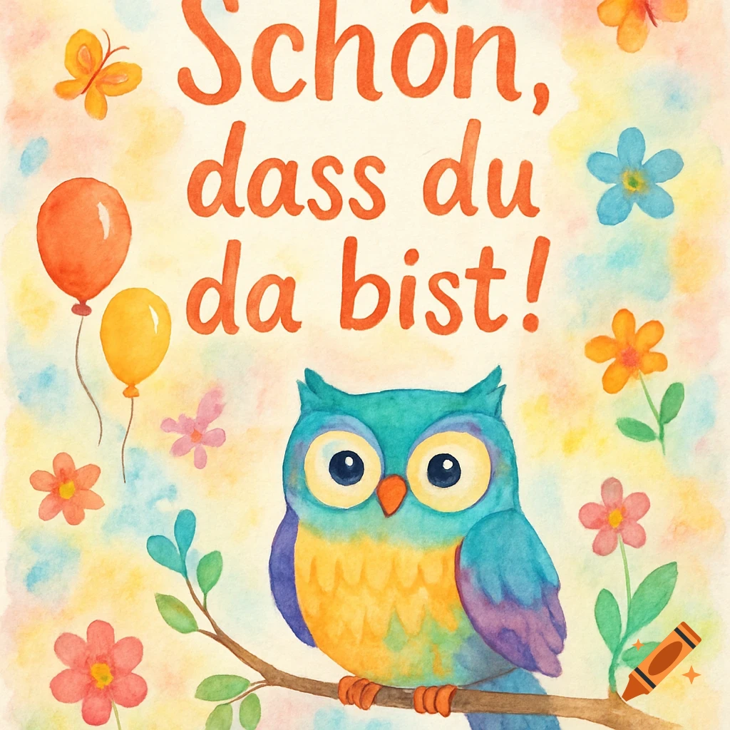 A colorful watercolor illustration features an owl on a branch, surrounded by balloons, butterflies, and flowers, with the German text 'Schön, dass du da bist!'.