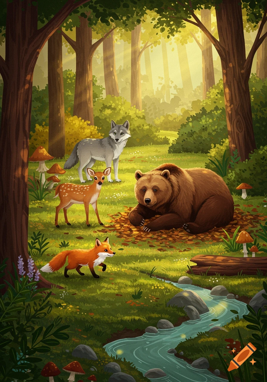 An illustrated forest scene with a fox, deer, bear, and wolf near a stream, surrounded by trees and mushrooms, with sun rays.