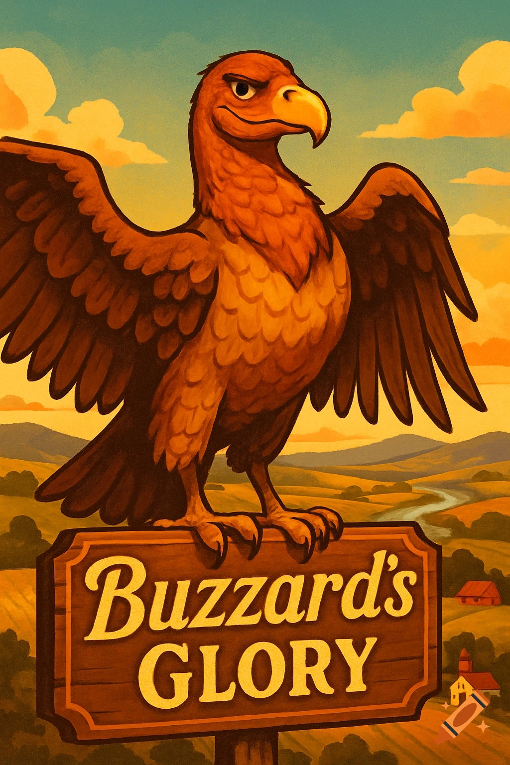 Stylized illustration of a proud buzzard standing on a wooden sign that reads 'Buzzard's GLORY' in a golden rural landscape.
