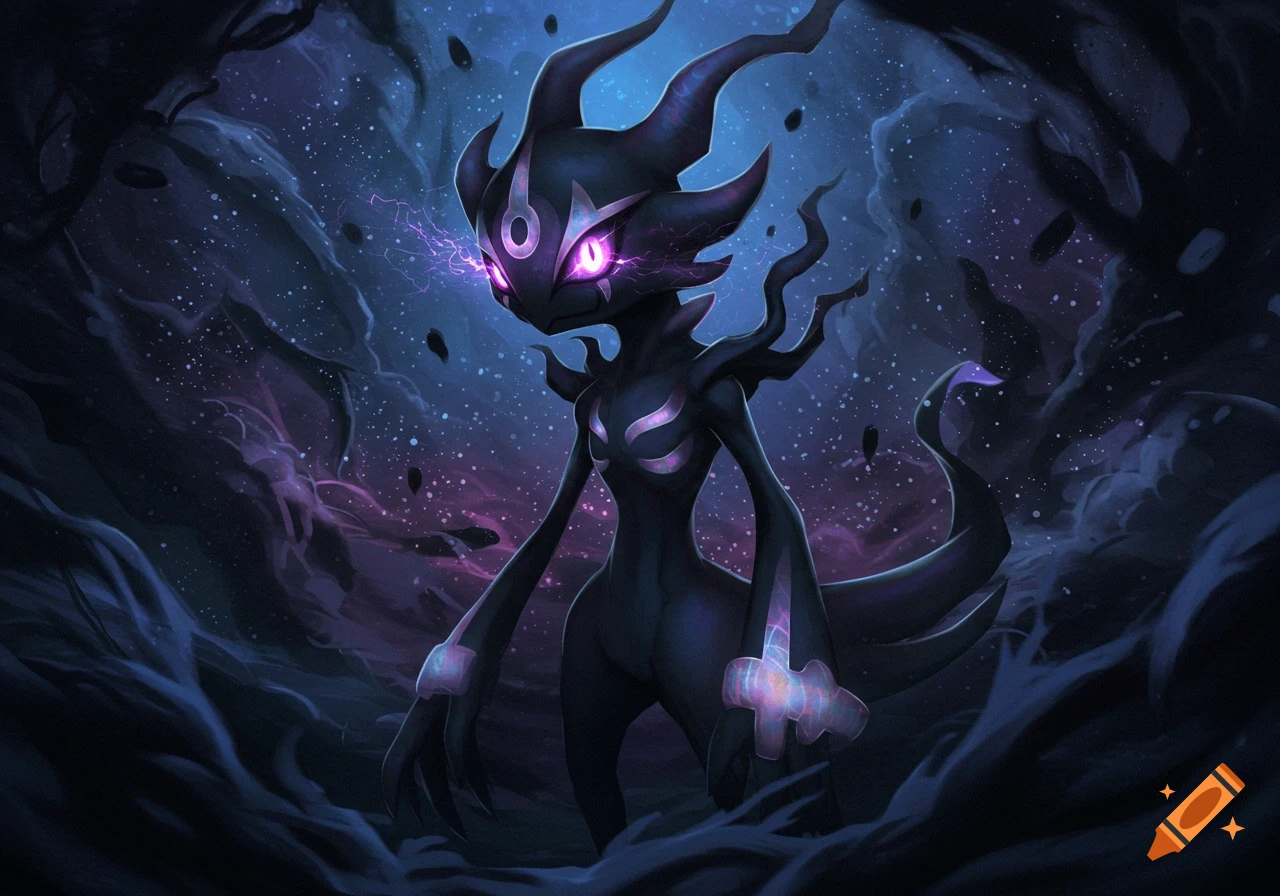 A dark, stylized creature with glowing purple eyes and markings stands in a cosmic, starry void with dark clouds.