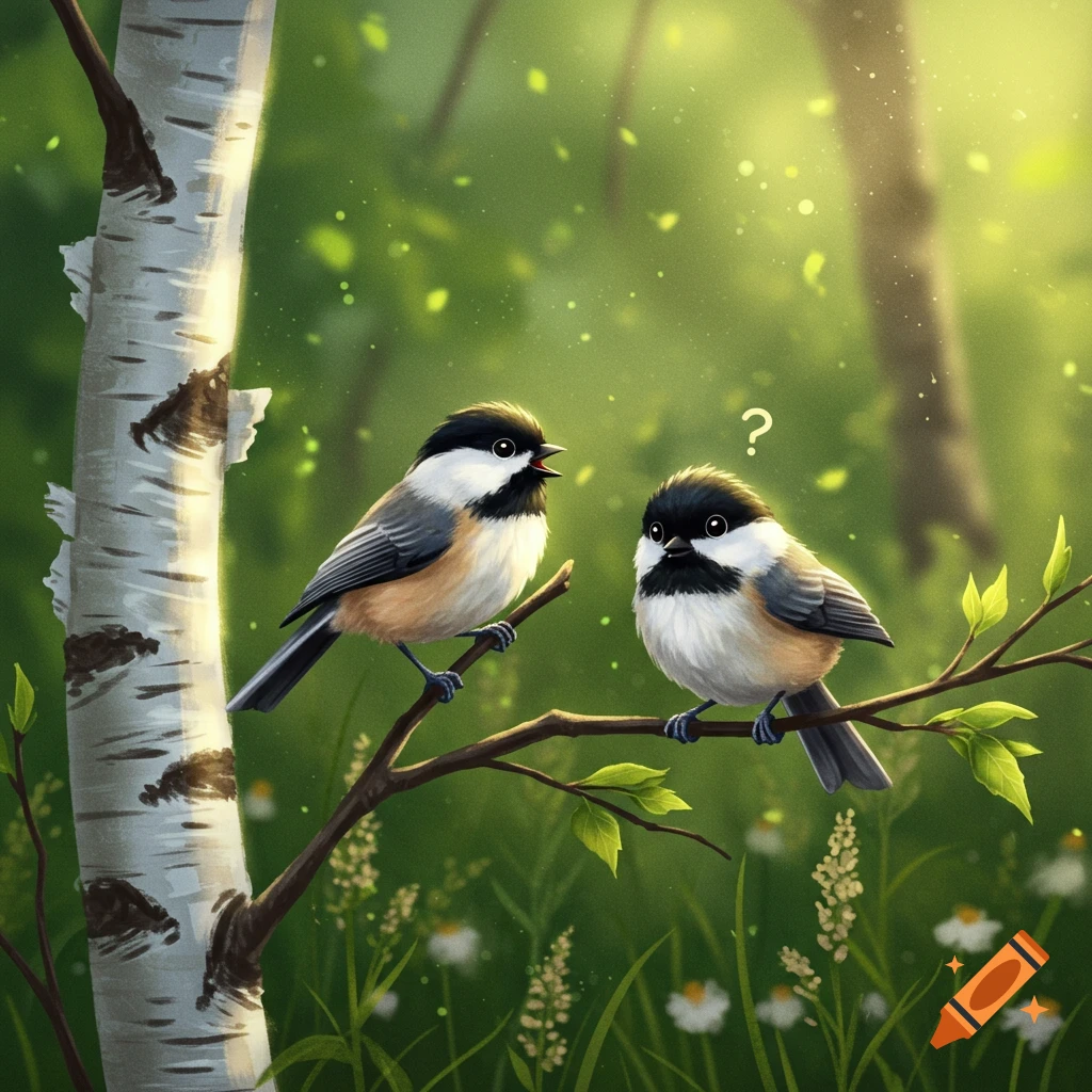 Two black-capped chickadees on a branch in a bright green forest, one appearing to speak while the other has a question mark above its head.