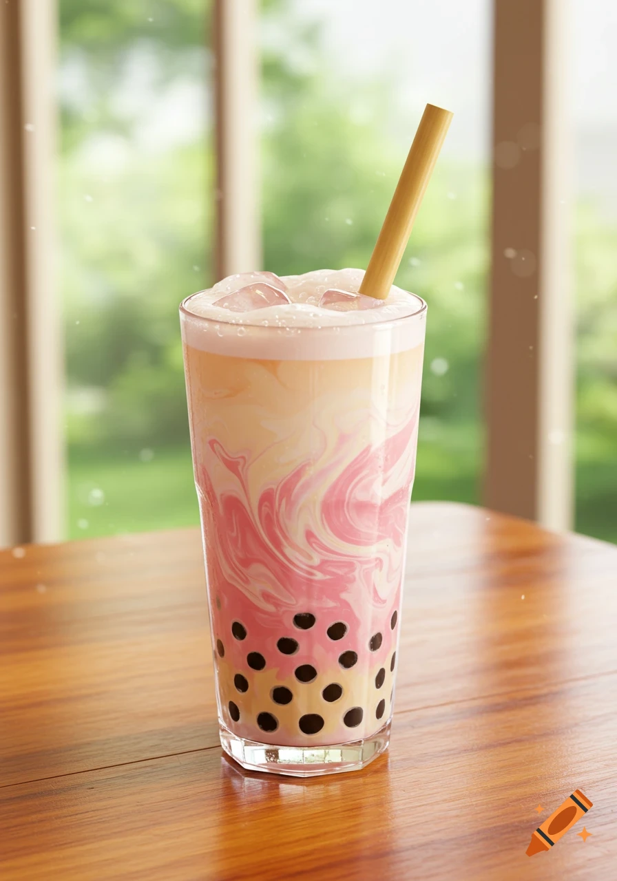 A tall glass of pink and white swirled boba milk tea with black tapioca pearls, ice, and a bamboo straw on a wooden table, with a soft green outdoor background.