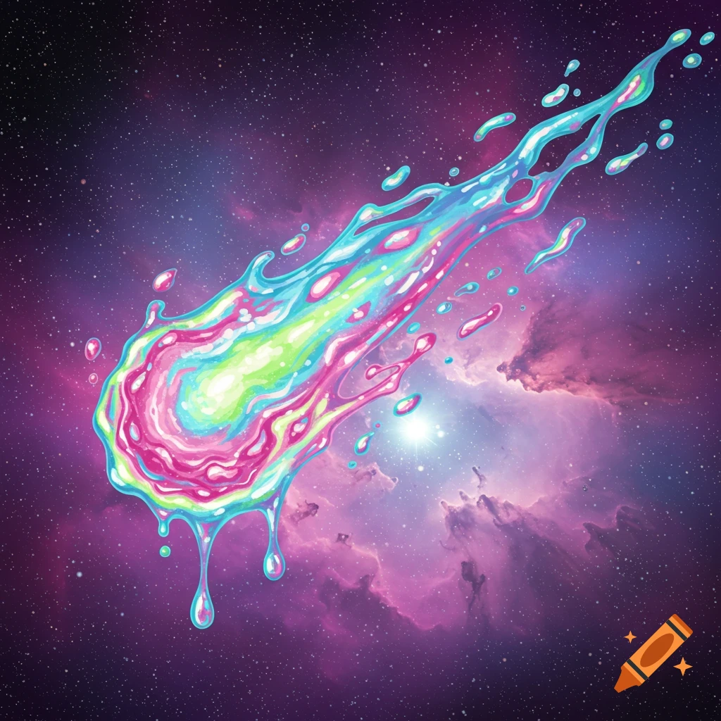 A vibrant, colorful 'candy slime' comet streaks through a purple nebula-filled starry space.